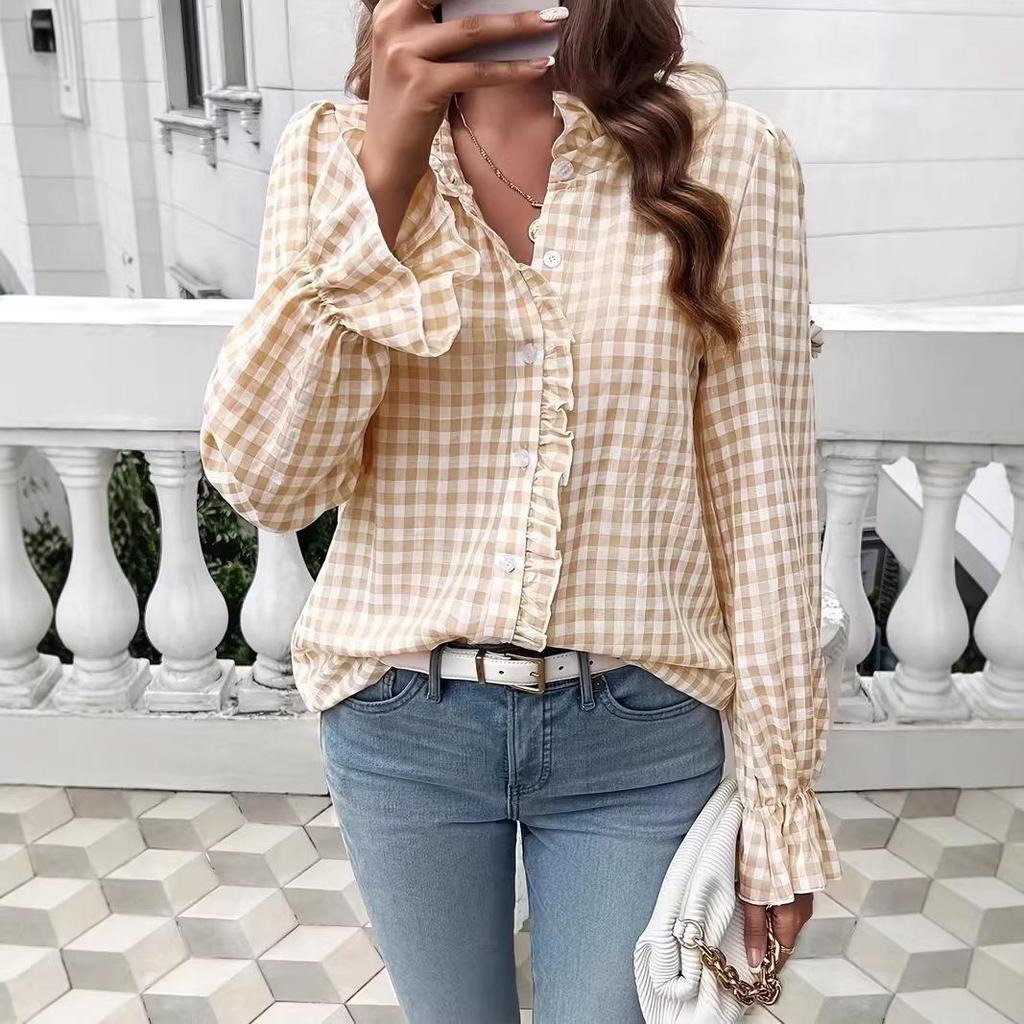 2026 Spring/Summer Women's Elegant Ruffle Plaid Long Sleeve Shirt
