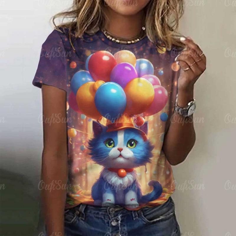 Damen Niedliches Katze Kurzarm T-Shirt Weihnachten Tiere Aufdruck Rundhals T-Shirt 2024 Mode Kleidung Sommer Lässig Oversize