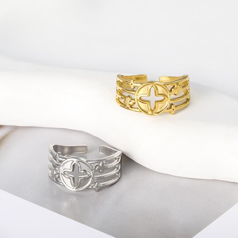 Inel exagerat din oțel titan, inel cu trifoi cu patru foi, deschidere feminină, reglabil, inel din oțel inoxidabil pentru cupluri