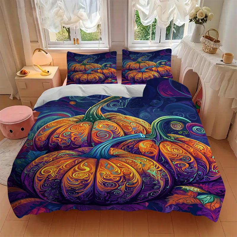 3pc Pumpkin Swirls Cover Set - 1 Quilt Cover + 2 Pillowcases, All Seasons Bedroom Setting, Perfect for Home066