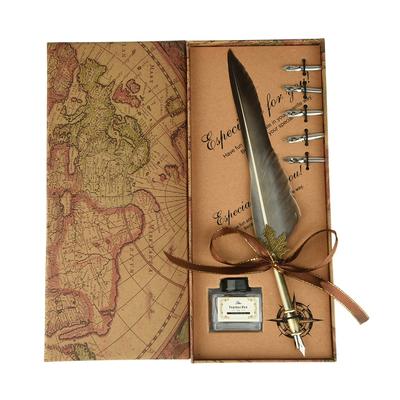 European Retro Feather Quill Alloy Pen Dip Nib Calligraphy Writing Pen Gift Set With Ink Bottle