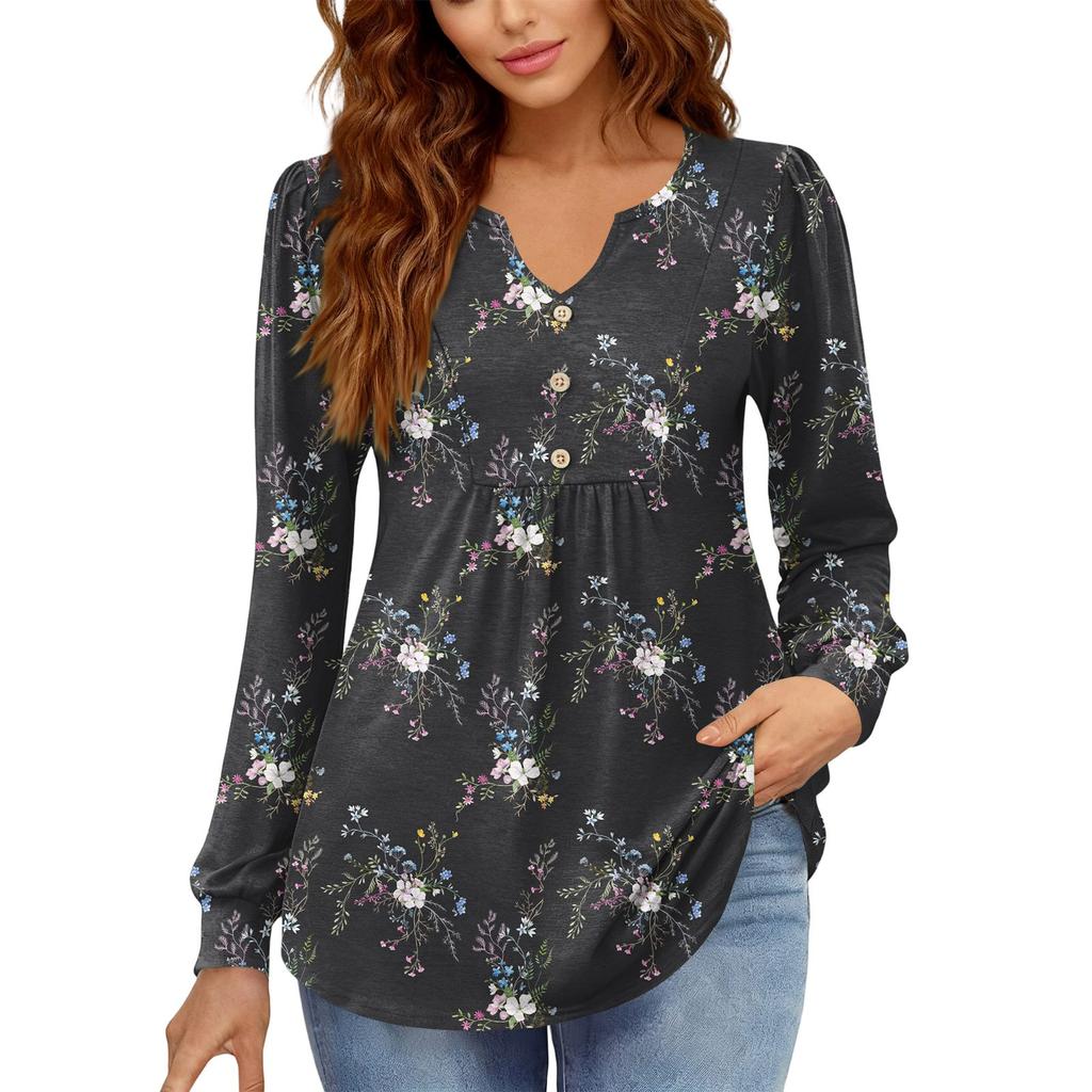 Γυναικείο Χαλαρό, V-λαιμόκοψη, Ρετρό Χρώμα, Μπλοκ με Φλοράλ Σχέδιο, Μακρυμάνικο Πουλόβερ T-shirt