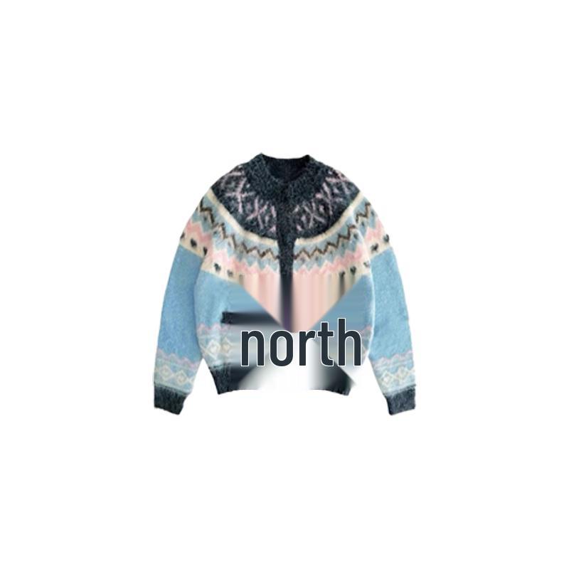 

Женский синий вязаный кардиган в стиле Fair Isle - Плотный, теплый, с длинным рукавом, весенне-летний стиль S