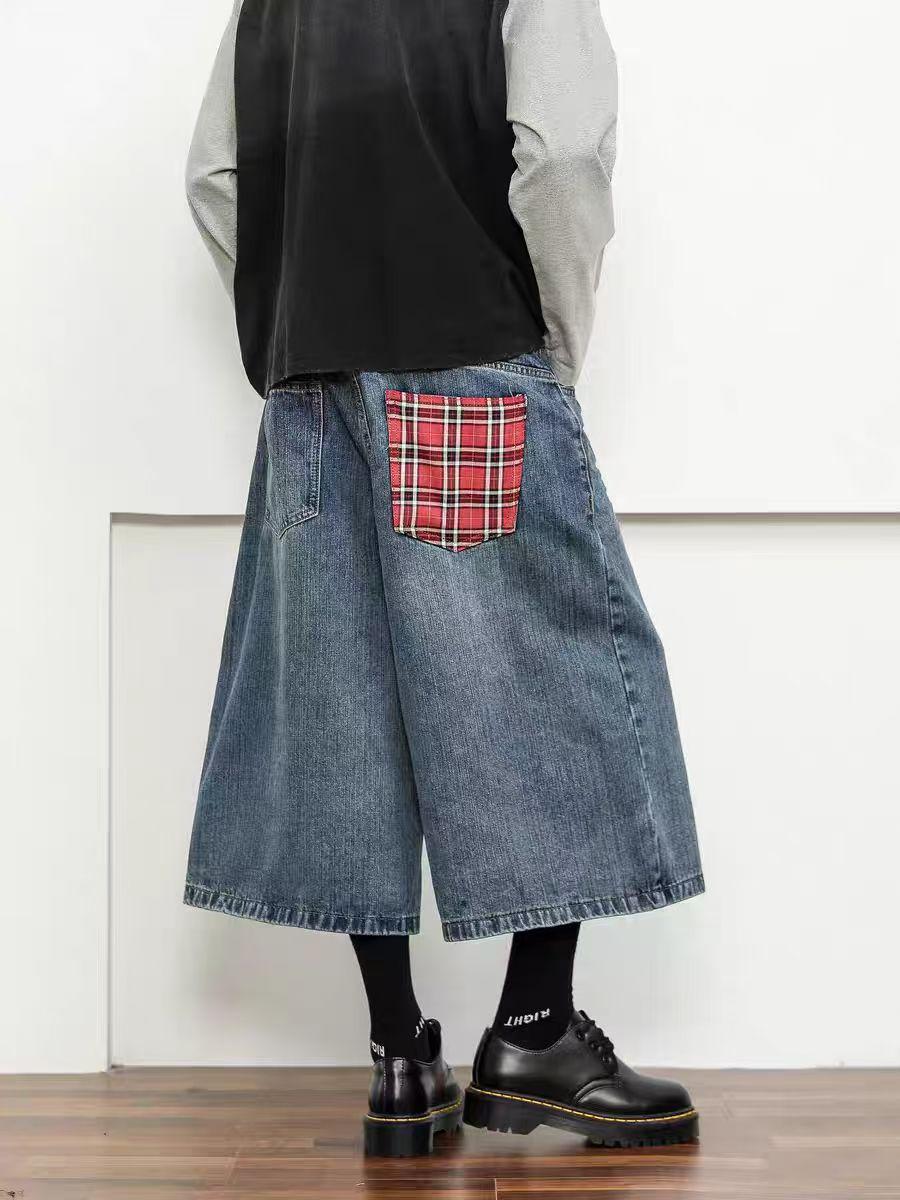 

Женские летние ретро капри в клетку пэчворк - Повседневные свободные джинсовые шорты с прямыми штанинами 3XL синий