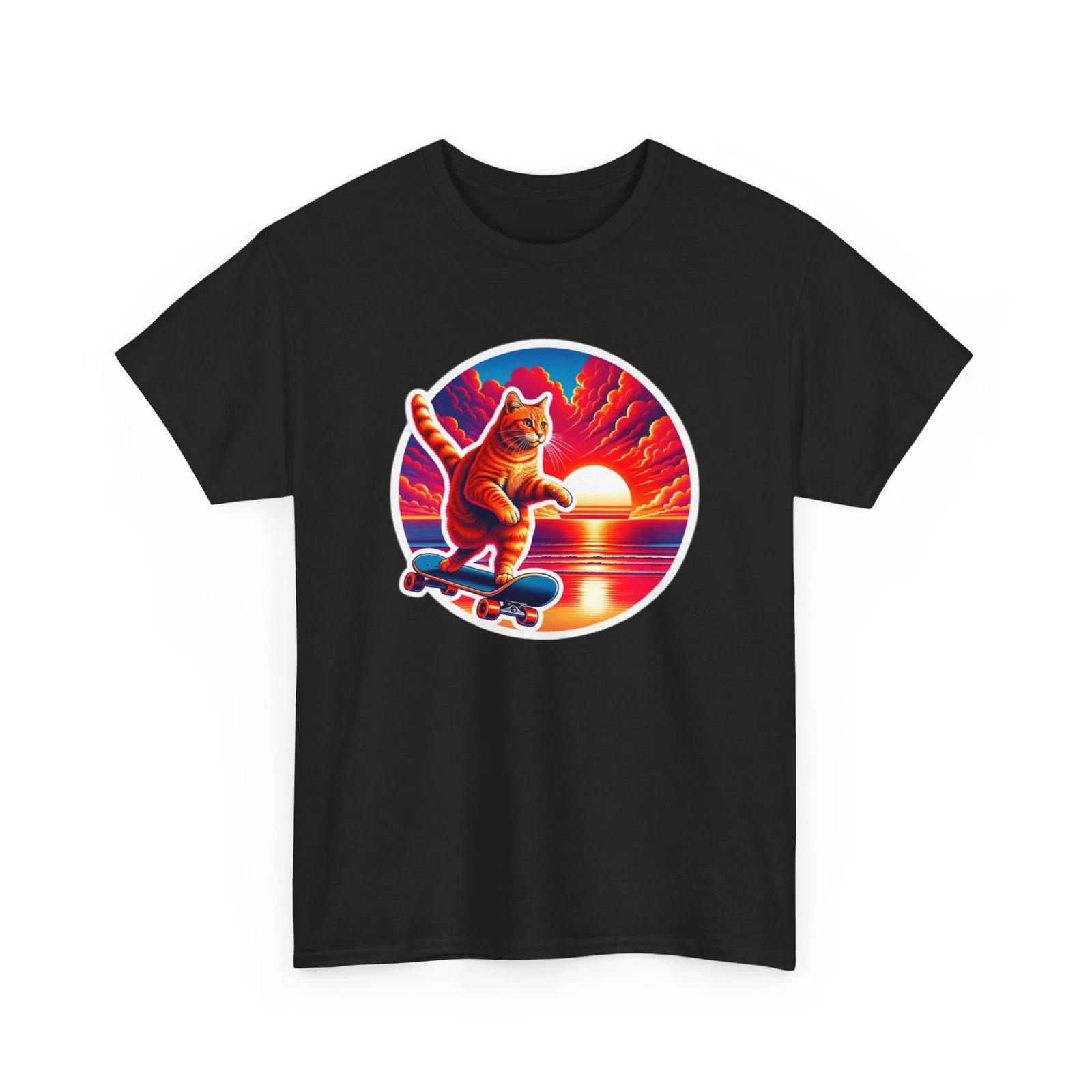 Unisex Adult T Shirt Tabby Cat Skateboarding Beach Sunset Summer Vacation Vibes L