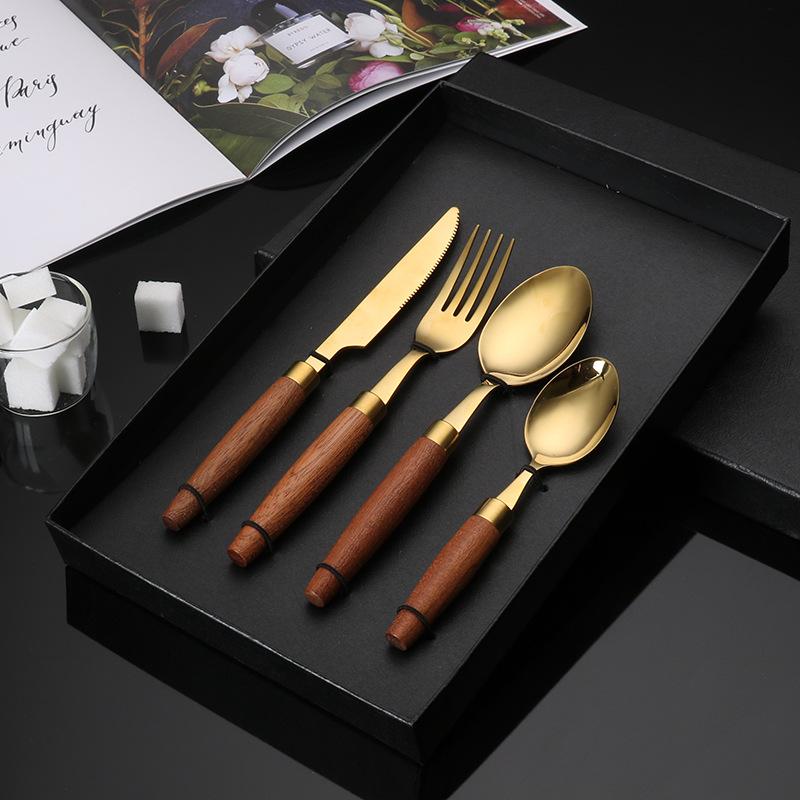 304 Edelstahl Besteck, Gabel, Löffel, Essstäbchen, Holzgriff, Westliches Essen Geschenk, Küchengeschirr komplette Sets