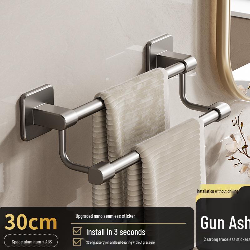 No-Punch Wall-Mounted Bathroom Towel Rack with Single Bar and Storage Shelf