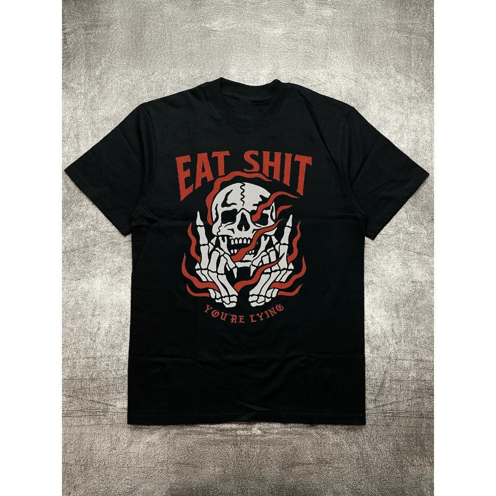 Men's Black 200G Heat Transfer Printed Crew Neck Short Sleeve T-Shirt - Skull Horror Text Pattern