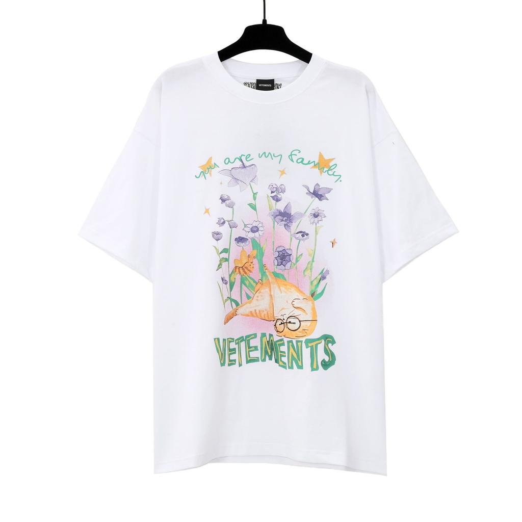 T-shirt in cotone puro a doppia filatura, lavata e invecchiata, con stampa di lettere Vetements, versione alta transfrontaliera, per uomo e donna