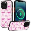 Compatible for iPhone 12 Case, Aesthetic Pink Ribbons and Bows in Watercolor Print Art Thin Soft Black TPU +Tempered Mirror Protective Case