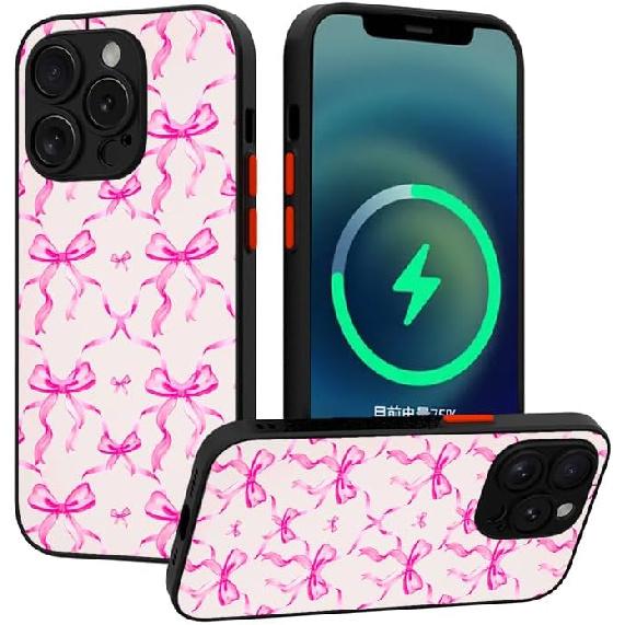 Compatible for iPhone 12 Case, Aesthetic Pink Ribbons and Bows in Watercolor Print Art Thin Soft Black TPU +Tempered Mirror Protective Case