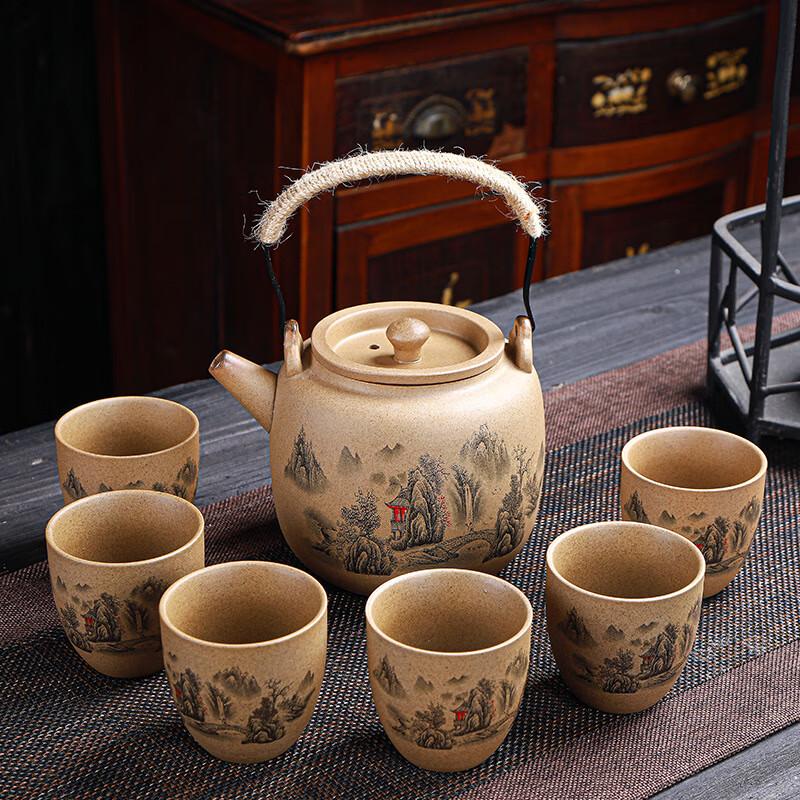 Vintage Coarse Pottery Tea Set with Beam Handle