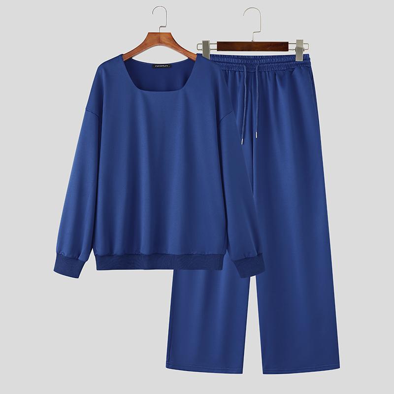 INCERUN 2PCS Men Square Collar Long Sleeve Thin Sweatshirts Long Pants Sports Sets