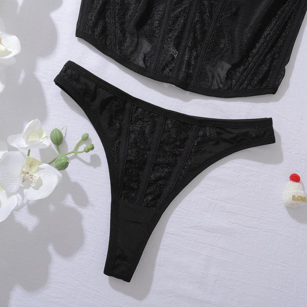 Conjunto de Sujetador de Encaje Francés Sexy Malla Ultradelgado Lencería para Mujer Conjunto de Tops de Verano con Tirantes Ropa Interior Moldeadora Negra Sujetadores con Conjuntos de Tanga