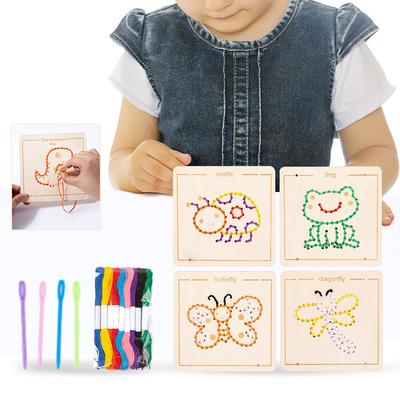 Non-Toxic Kids Embroidery Puzzle Wooden Lacing Toy Cartoon Pattern Threading Set Busy Board Threading Activity Educational Toys Kids Gift