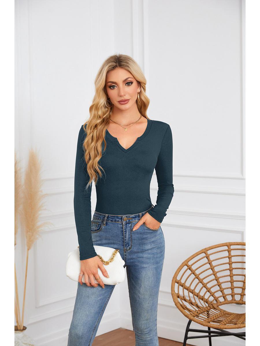 

Женская футболка с глубоким U-образным вырезом и длинными рукавами - трендовая мода 2024 года XXL морской синий