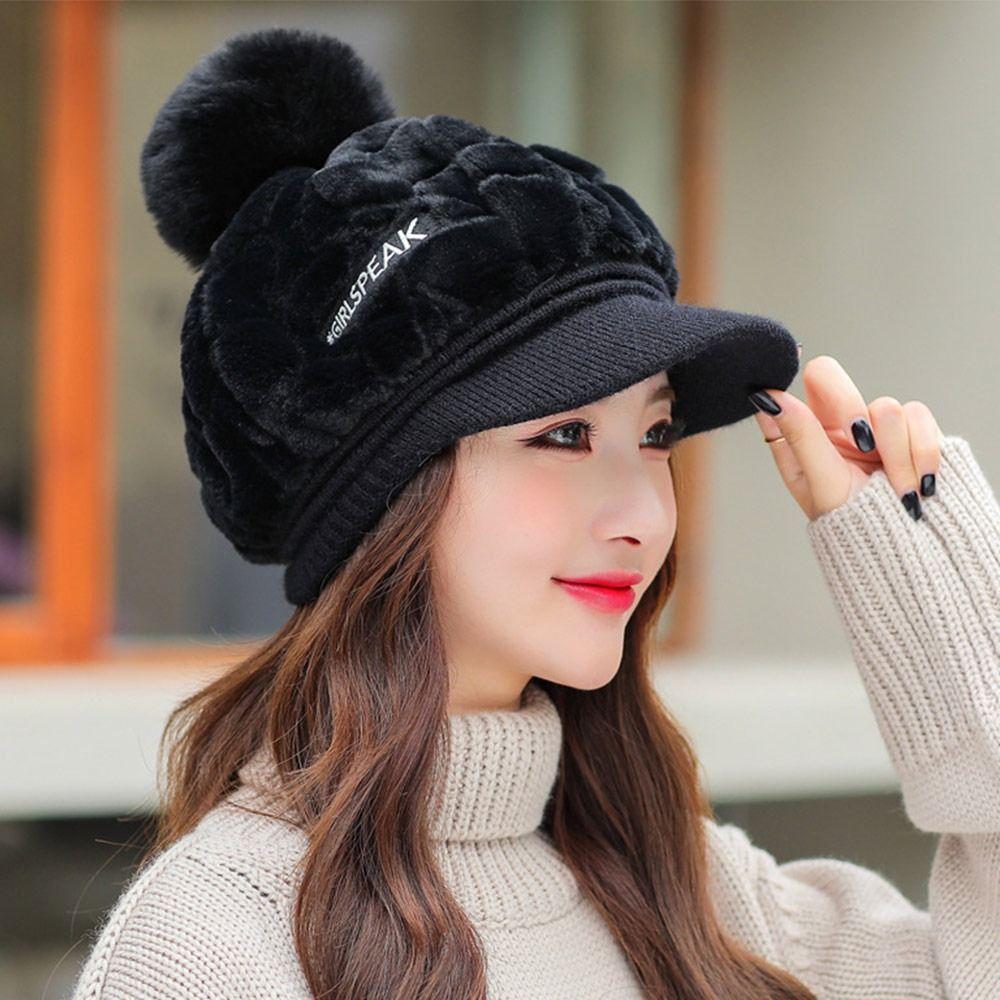 Women Girl Head Warmer Fur Faux Duck Tongue Cap Plush Hat Peaked Cap Visors Cap