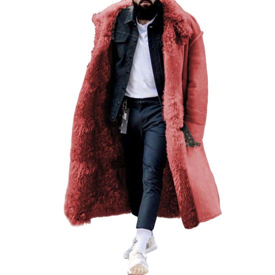 Men Winter Overcoat Faux Fur Thicken Long Sleeves Pockets Solid Color Warm Midi Length Plus Size Buttons Outdoor Coat for Camping