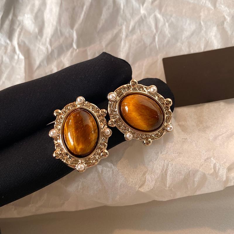 Серьги-пусеты с овальной жемчужиной из тигрового глаза, серьги осенне-зимнего темперамента, персонализированные модные серьги для женщин