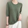 Spring New Knitted Sweater Women's Short-sleeved Crew Neck Pullover Carved Thin Five-quarter-sleeved Top Large-size Bottoming Shirt