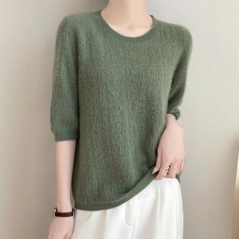 Spring New Knitted Sweater Women's Short-sleeved Crew Neck Pullover Carved Thin Five-quarter-sleeved Top Large-size Bottoming Shirt