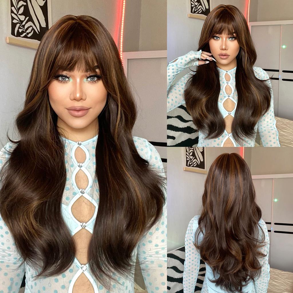 HENRY MARGU Long Wavy Synthetic Wigs With Bangs Natural Black Hair Wigs for Women Daily Party Heat Resistant Fiber Wigs