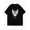 Oversized T-Shirt Black Cat With Third Eye And Symbol Print Casual Streetwear For Women