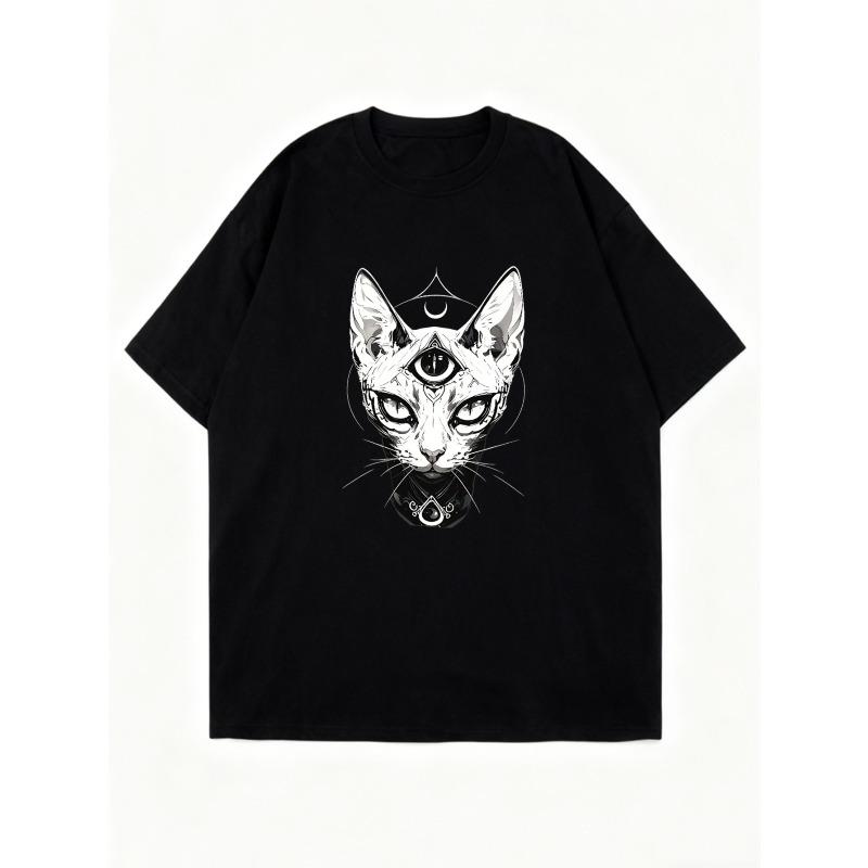 Oversized T-Shirt Black Cat With Third Eye And Symbol Print Casual Streetwear For Women