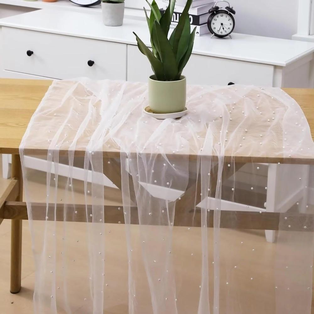 Sheer Drapes Pearl Yarn Table Runner Semi Transparent DIY Tulle Table Runners Gauze Mesh Pearl Table Cover
