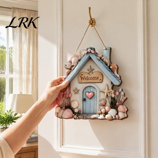 Decorative Shell Starfish Sign Summer Coastal Wooden Wreath, Ocean Welcome Sign, Nautical Easy to Hang Door Decor Front Hanger for Porch, Indoor,