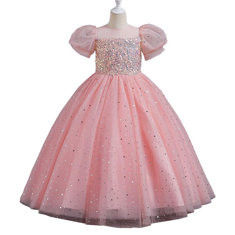 Girls' Formal Puff Sleeve Evening Gown for Piano Performances and Flower Girl Events