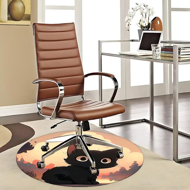 1pc Anime Design Round Carpet Cute Black Cat Sunset Print Chair Mat for Office, Home Decor, Living Room, Bedroom, Game Room Gift