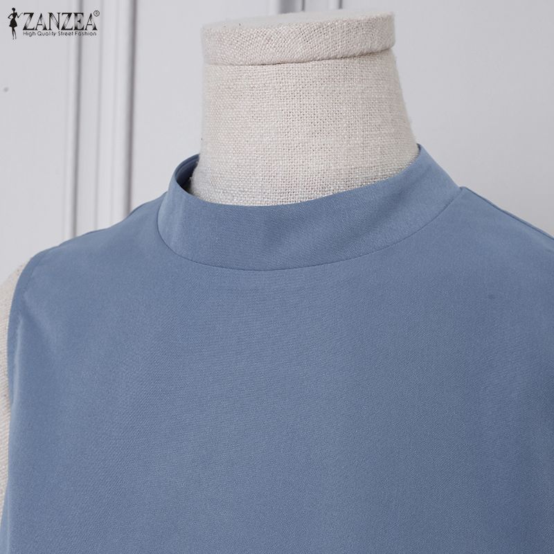 ZANZEA Women Elegant Round Neck Casual Sleeveless Splice Pleated Short Dress