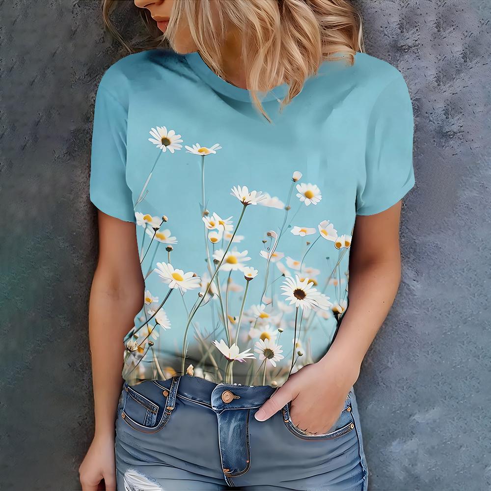 

Простая и натуральная светло-голубая футболка с принтом ромашек, на каждый день, создающая атмосферу чистоты, женская летняя универсальная футболка с коротким рукавом 8XL