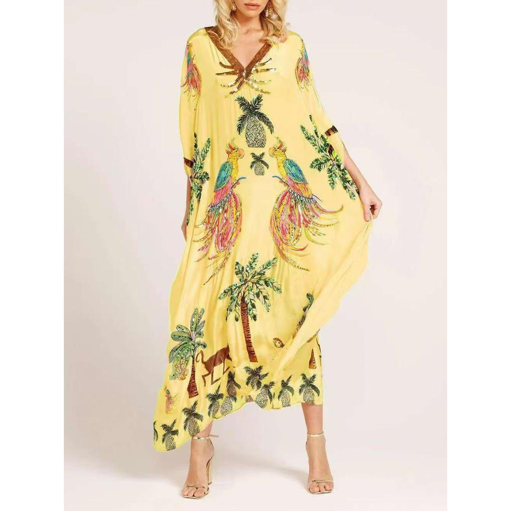 Women's V Neck Three Quarter Maxi Dress Loose Fit Mid Waist Tropical Print Kaftan Beach Dress