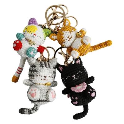Handmaking Crochet Kitten Keyrings Animal Cat Key Chain Multi-color Handwoven Cat Pendant  For Gift