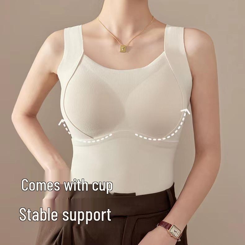 Women's Cashmere Warm Vest with Fixed Bra Cups, Fleece-Lined for Autumn/Winter, Thickened One-Piece Base Layer Top