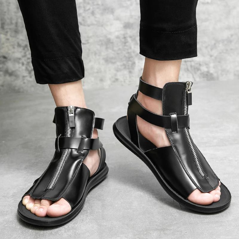 Summer Men Gladiators High Qualit Leather Casual Shoes Breathable Beach Sandals Outdoor Slippers Black White Shoes for Men