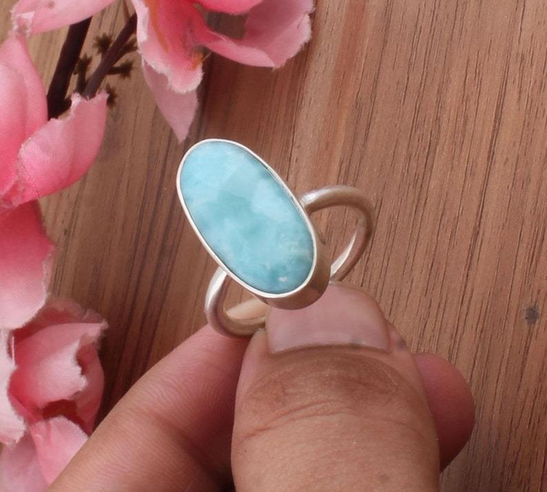 Solid 925 Sterling Silver Natural larimar Gemstone Long Oval Gemstone handmade Ring Designer Ring