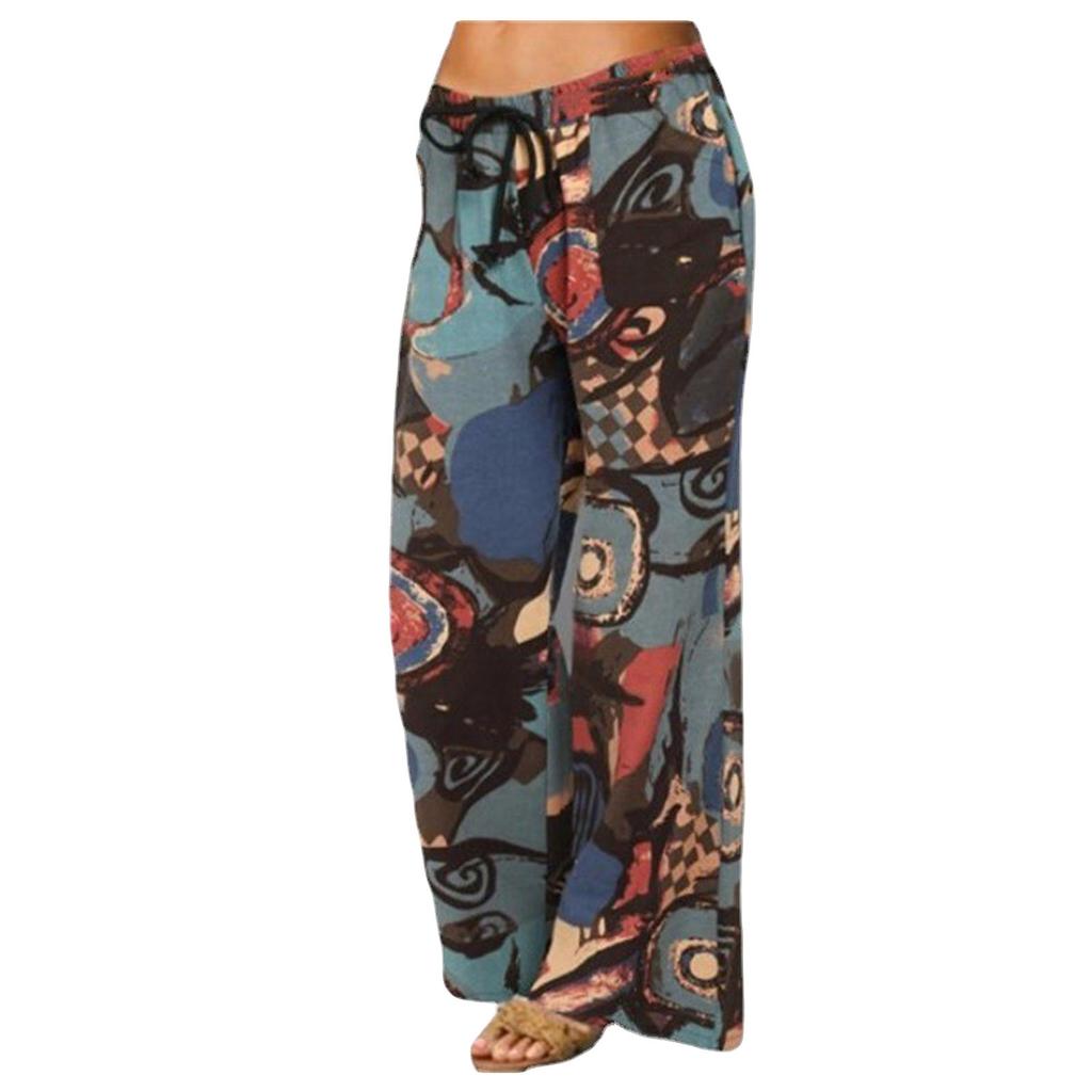 Women Wide Leg Pants Printed Large Flared Pocket Casual Cotton Linen Trousers Loose Fit Breathable Comfortable Bottoms
