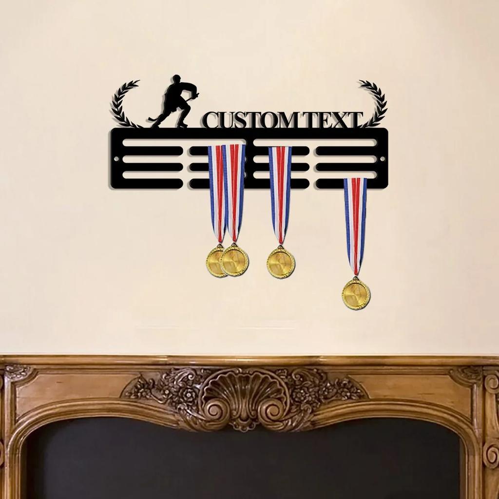 Metal Wall Art Hockey Stick Display Holder, Medal Hanger with 12 Rungs for Ribbons Awards, Sports Memorabilia Showcase for Bedroom Game Room