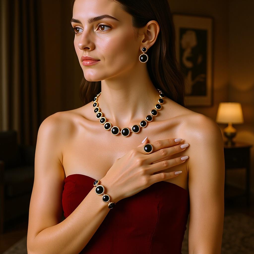 5-Piece Retro Geometric Patchwork Jewelry Set: Necklace, Bracelet, Earrings & Ring, Ideal for Ladies At Parties
