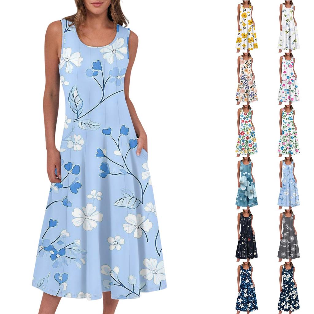 Women's Casual Fashion Floral Print Round Neck Sleeveless Midi Dress