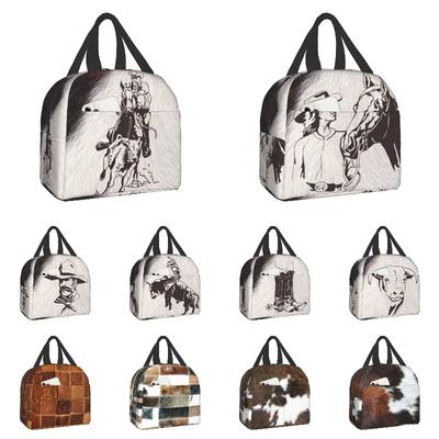 Borsa Pranzo Cowboy Western Rodeo Cavallo Pelle Bovina Stampa Mucca Riutilizzabile Termica Isolata Porta Pranzo per Donne Scuola Lavoro Picnic