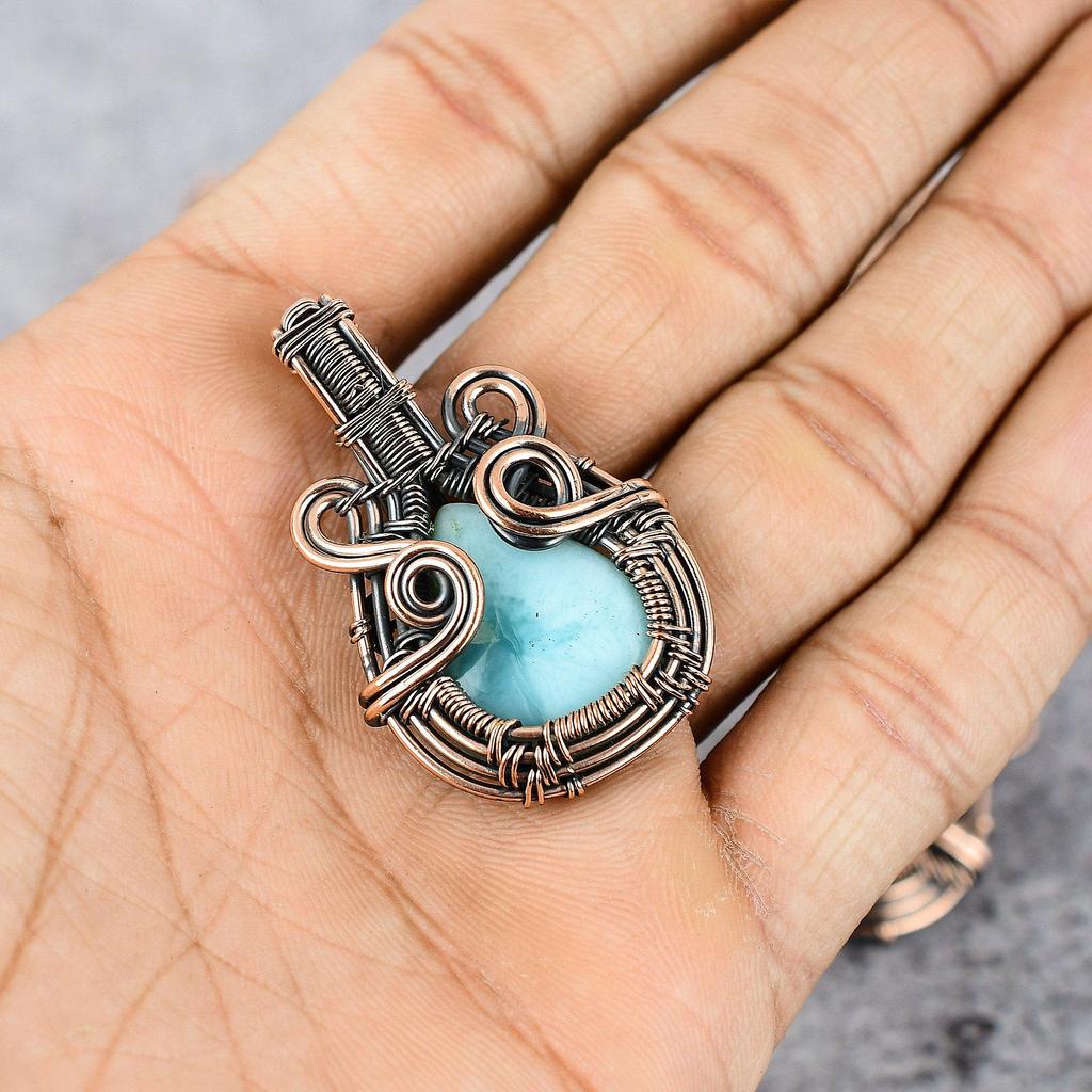 Larimar/Pectolite Gemstone Pure Copper Wire Wrap Ručně vyráběný šperkový přívěsek