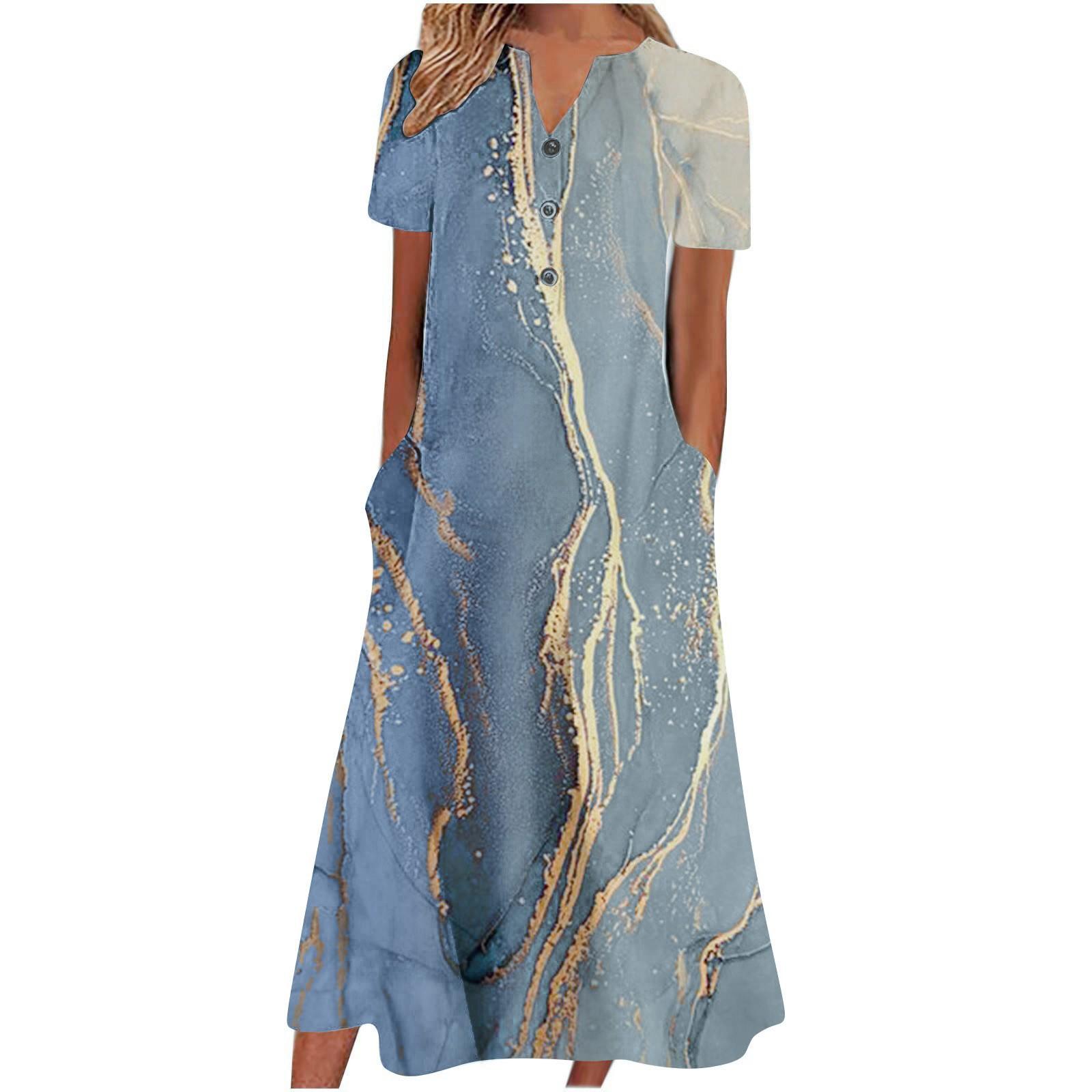 

Женское летнее повседневное свободное платье с v-образным вырезом и короткими рукавами с принтом XXXL тёмно-синий