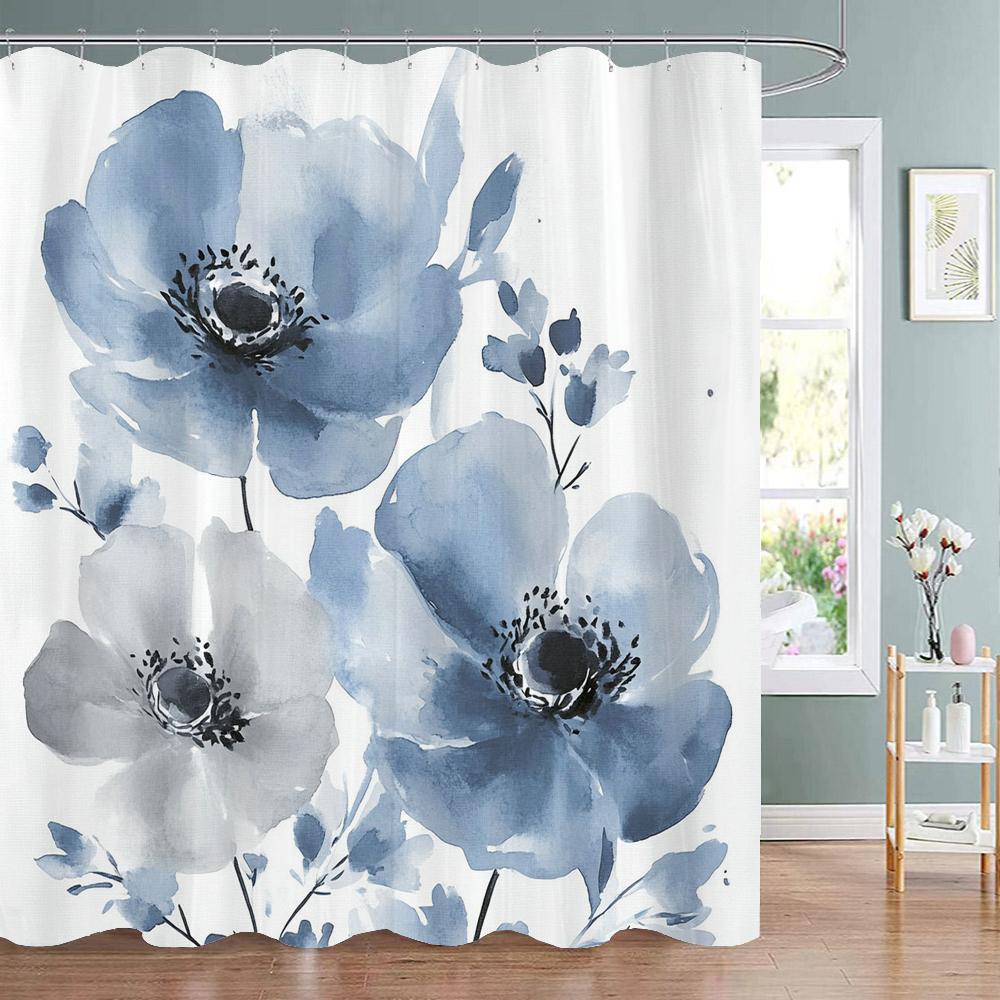 Beautiful and Elegant blue Flowers Pattern Shower Curtain,  Bathroom Decorative Shower Curtain,Home Curtain with Hooks