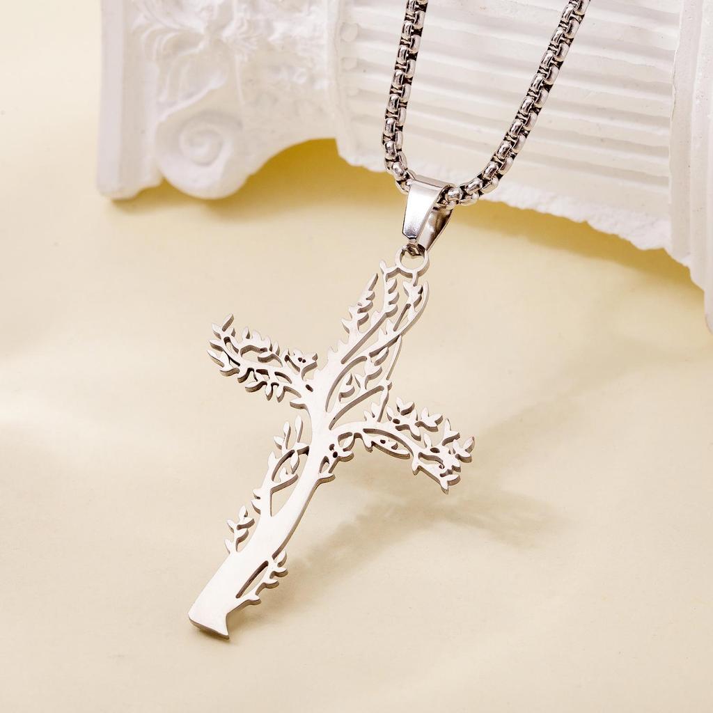 TOHM Titanium Steel Tree of Life Cross Pendant Men's Hip-hop Stainless Steel Necklace