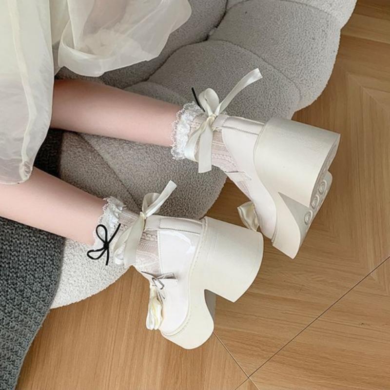 Sweet Bow Mary Jane Leather Shoes for Women Summer White Waterproof Platform Heightening High Heels