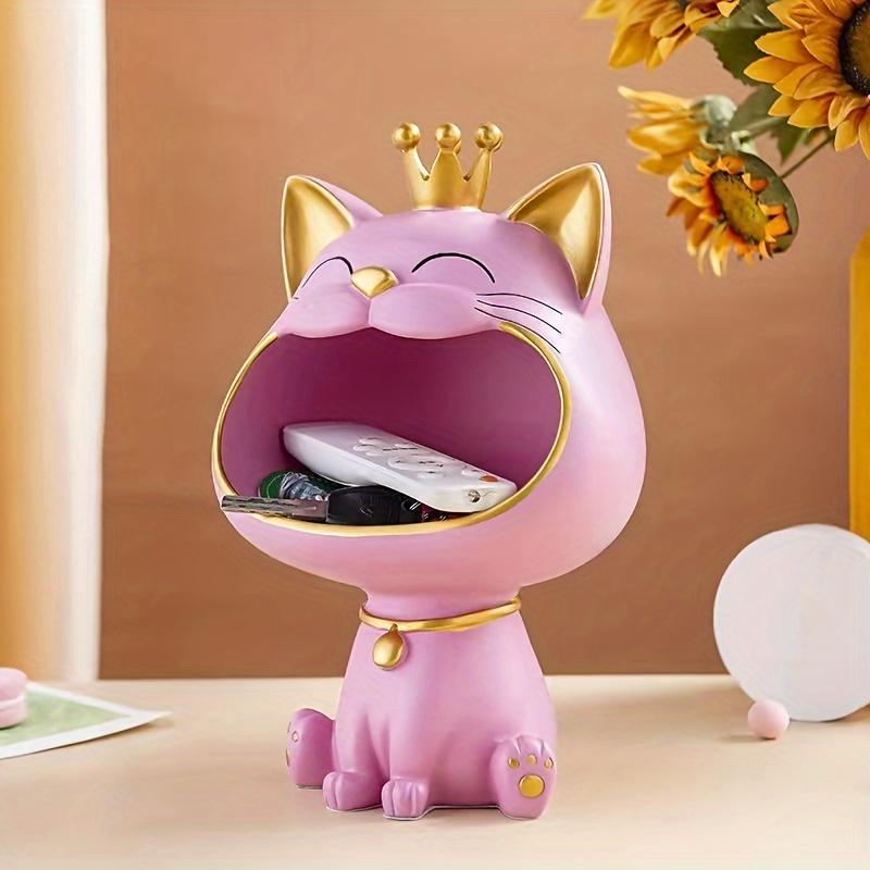 1ks Pryskyřičná soška smějící se kočky se čtyřlístkem, s široce otevřenou tlamou, dekorativní úložný box na klíče, roztomilý stolní organizér, kreativní kočičí figurka pro domácí dekoraci